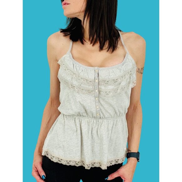 Abercrombie & Fitch Tops - Vintage NWT Abercrombie Gray Lace Trim Flirty Cinched Waist Strappy Back Top Y2K